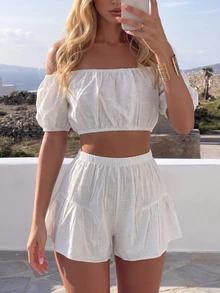 SHEIN Swim 夏季休閒度假露肩短版上衣與鬆緊腰短褲兩件套 - 白色 - 查看 6