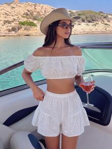 SHEIN Swim 夏季休閒度假露肩短版上衣與鬆緊腰短褲兩件套 - 白色 - 查看 4
