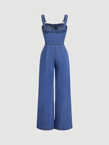 Sweetra Women's Casual Button Loose Denim Overalls,Fall/Winter,New Year Look Everyday Travel - Blue - View 2