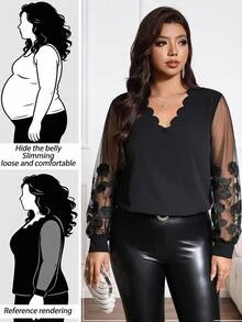Reflora Spring Women's Black V-Neck Shell Lace Sleeve Patchwork Sunflower Lace Plus Size Blouse Fall Night Party Evening Elegant Sexy - Black - View 1