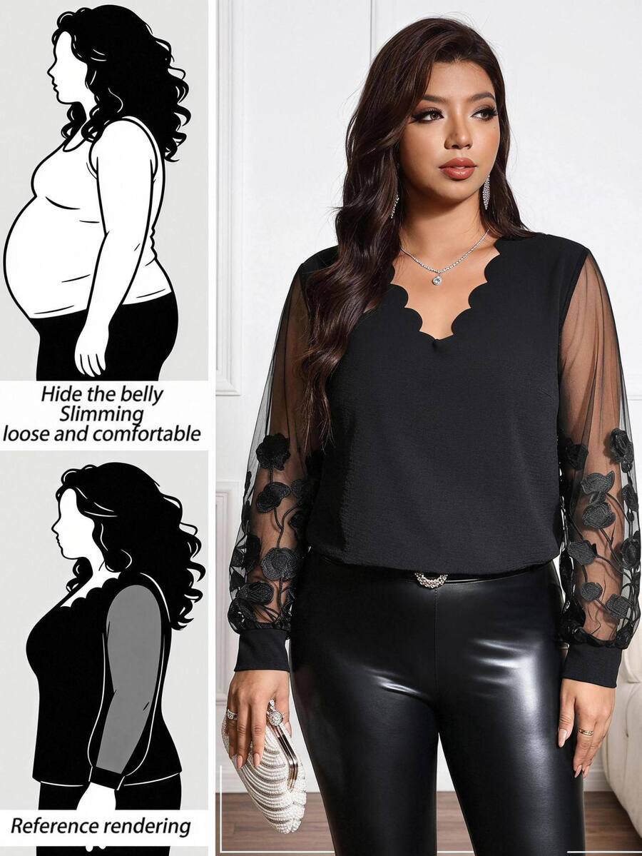 Reflora Spring Women's Black V-Neck Shell Lace Sleeve Patchwork Sunflower Lace Plus Size Blouse Fall Night Party Evening Elegant Sexy - Black - View 1