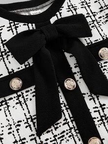 SHEIN Tween Girl Autumn/Winter Casual Kids School Elegant Plaid Print Black & White Colorblock Decor Patchwork Ruched Ruffle Hem Fitted Long Sleeve Dress - Black and White - View 4