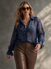 Ceyna Plus Size Lightweight Fabric Snake Print Long Sleeve Shirt Going Out Night Summer Sexy Elegant - Navy Blue - View 5