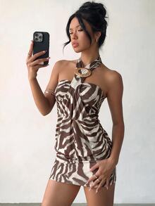 Aloruh Women's Y2K Sexy Tight-Fitting Strapless Mini Dress With Metal Buckle Decor, Brown Zebra Print, Party Dress - Brown - View 8