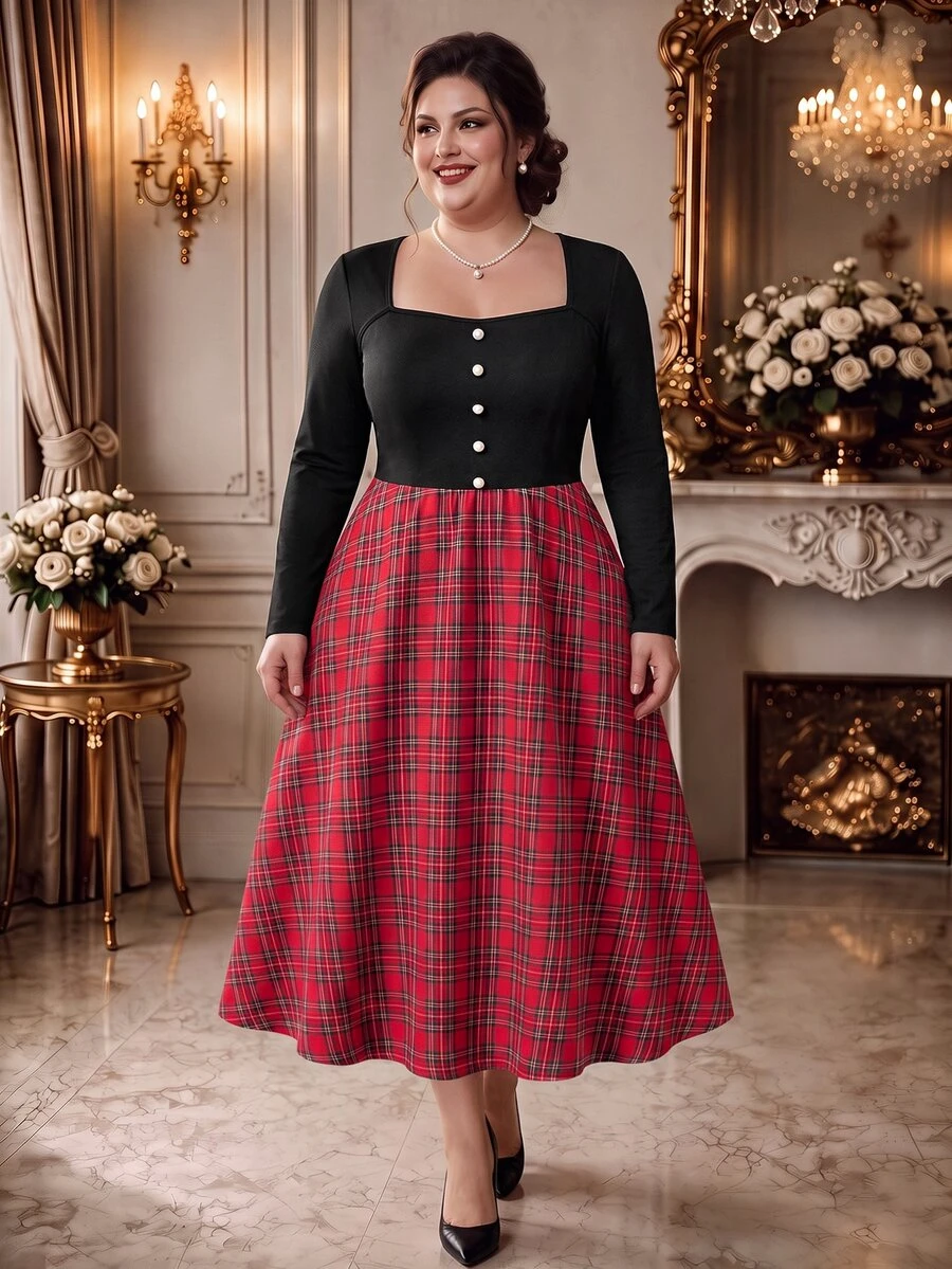 Rometta Plus Size Plaid Patchwork Waist Design Flared Dress Fall Halloween Birthday Date Night Party Vacation Black Gothic 80s 1960s 1920 Vintage - Multicolor - View 1