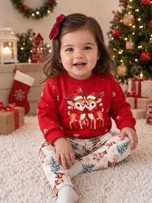 SHEIN Playful Pals 2件組幼女運動衫長褲套裝，可愛甜美紅色馴鹿雪花樹蝴蝶結印花，長袖圓領，常規版型，冬季節日 Y2K 羅紋 - 紅色 - 查看 4