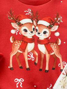 SHEIN Playful Pals 2件組幼女運動衫長褲套裝，可愛甜美紅色馴鹿雪花樹蝴蝶結印花，長袖圓領，常規版型，冬季節日 Y2K 羅紋 - 紅色 - 查看 8