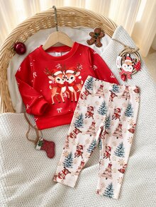 SHEIN Playful Pals 2件組幼女運動衫長褲套裝，可愛甜美紅色馴鹿雪花樹蝴蝶結印花，長袖圓領，常規版型，冬季節日 Y2K 羅紋 - 紅色 - 查看 6