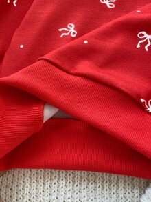 SHEIN Playful Pals 2件組幼女運動衫長褲套裝，可愛甜美紅色馴鹿雪花樹蝴蝶結印花，長袖圓領，常規版型，冬季節日 Y2K 羅紋 - 紅色 - 查看 9