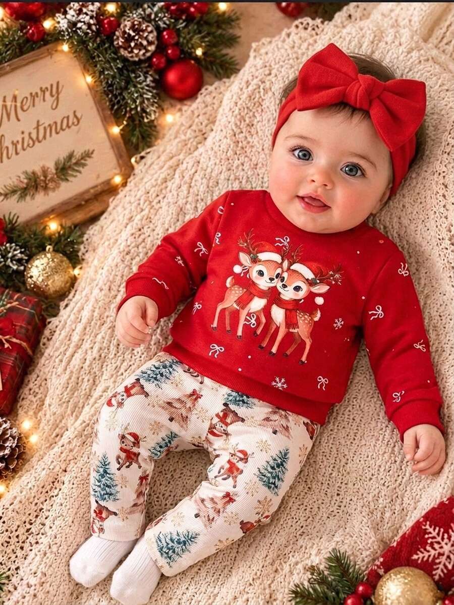 SHEIN 2pcs Toddler Girl Sweatshirt Pants Cute Sweet Red Reindeer Snowflake Tree Bow Print Long Sleeve Round Neck Regular Winter Holiday Y2K Ribbed - Red - View 1