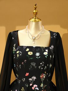 DreamSkyne 大尺碼女款花卉印花方領網紗長袖優雅浪漫洋裝，適合派對、早午餐、晚宴正式場合，黑色，秋季萬聖節秋季款 - 黑色 - 查看 6