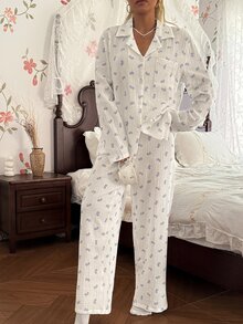 CottageSlumber 100% Pure Cotton White Base Cow Horn Pocket Double Layer Ruffle Collar Cardigan Long Sleeve Long Pants Pajama Set - White - View 4
