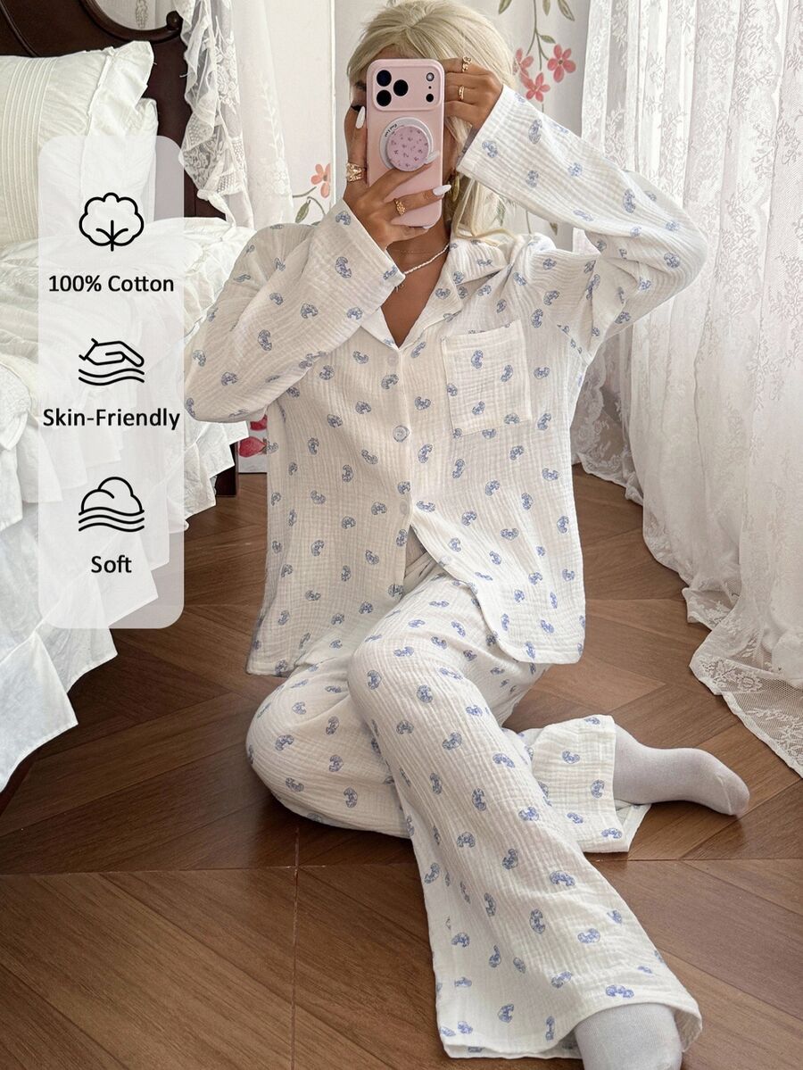 CottageSlumber 100% Pure Cotton White Base Cow Horn Pocket Double Layer Ruffle Collar Cardigan Long Sleeve Long Pants Pajama Set - White - View 1