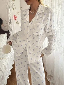 CottageSlumber 100% Pure Cotton White Base Cow Horn Pocket Double Layer Ruffle Collar Cardigan Long Sleeve Long Pants Pajama Set - White - View 6