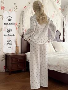 CottageSlumber 100% Pure Cotton White Base Cow Horn Pocket Double Layer Ruffle Collar Cardigan Long Sleeve Long Pants Pajama Set - White - View 2