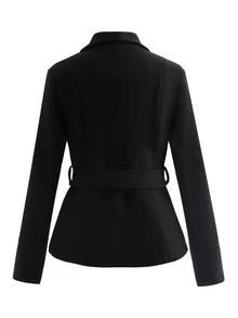 INAWLY New Autumn/Winter Women's Black Waist Belt Loose Casual Jacket - Black - View 2