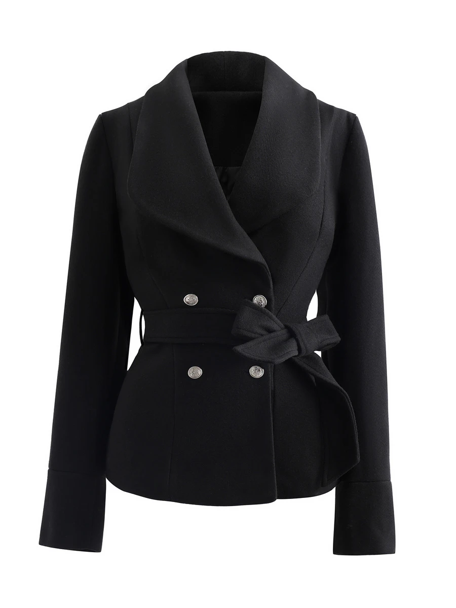 INAWLY New Autumn/Winter Women's Black Waist Belt Loose Casual Jacket - Black - View 1