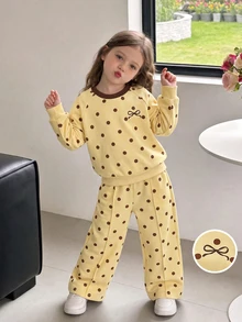 SHEIN Genkimix Kids 2件組 Casuvi 女童兩件式針織套頭衛衣與長褲套裝，蝴蝶結裝飾，側縫拼色條紋設計，寬腿長褲，美式可愛簡約休閒風，適合春秋日常穿著、運動與度假 - 黃色 - 查看 3