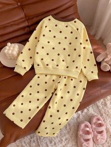 SHEIN Genkimix Kids 2件組 Casuvi 女童兩件式針織套頭衛衣與長褲套裝，蝴蝶結裝飾，側縫拼色條紋設計，寬腿長褲，美式可愛簡約休閒風，適合春秋日常穿著、運動與度假 - 黃色 - 查看 2