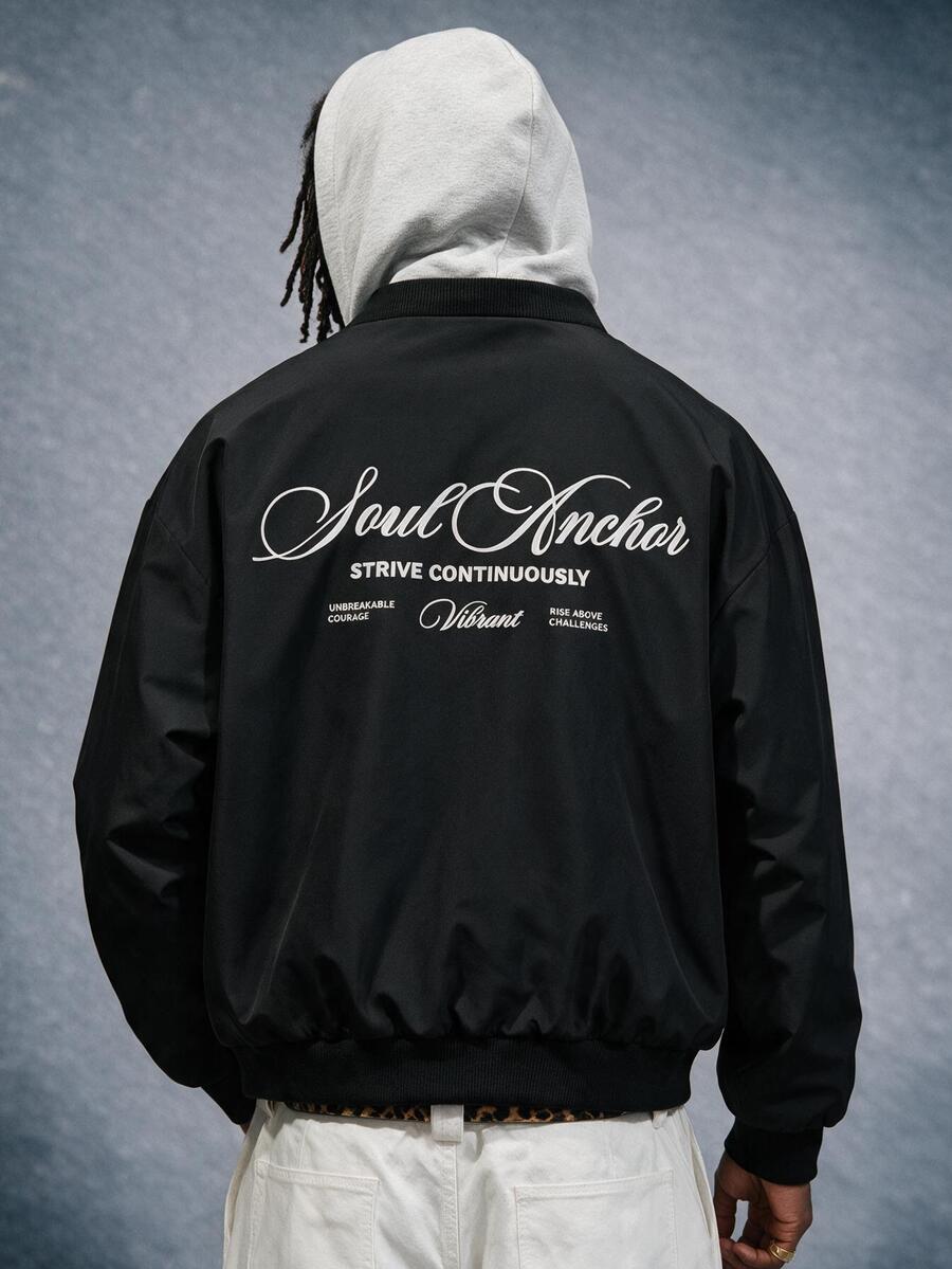 AXEPEAK Men's Letter Print Casual Daily Wear Hooded Jacket - Black - View 1
