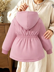 SHEIN Genkimix Kids 1件女童2025冬季新款復古卡其色花卉保暖內裡拉鍊連帽衛衣，彈性腰頭，厚實保暖時尚戶外通勤百搭外套 - 彩色 - 查看 2