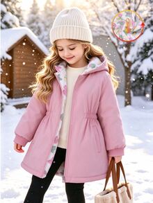 SHEIN Genkimix Kids 1件女童2025冬季新款復古卡其色花卉保暖內裡拉鍊連帽衛衣，彈性腰頭，厚實保暖時尚戶外通勤百搭外套 - 彩色 - 查看 3