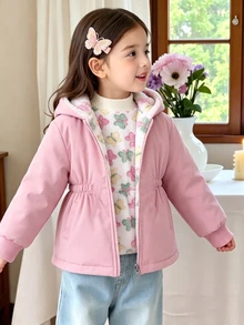 SHEIN Genkimix Kids 1件女童2025冬季新款復古卡其色花卉保暖內裡拉鍊連帽衛衣，彈性腰頭，厚實保暖時尚戶外通勤百搭外套 - 彩色 - 查看 8