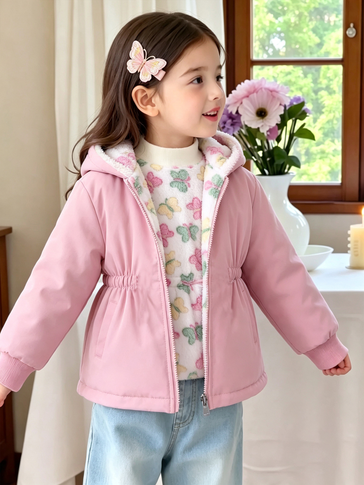 SHEIN Genkimix Kids 1pc Girls Winter 2025 New Vintage Khaki Floral Thermal Lined Zipper With Elastic Waist Hooded Sweatshirt, Thick Warm Fashionable Outdoor Commute Versatile Jacket - Multicolor - View 8