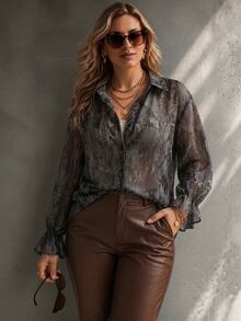 Ceyna Plus Size Lightweight Fabric Snake Print Long Sleeve Shirt Office Party Grey Summer Elegant - Black - View 6