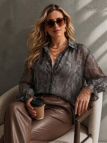 Ceyna Plus Size Lightweight Fabric Snake Print Long Sleeve Shirt Office Party Grey Summer Elegant - Black - View 7