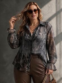 Ceyna Plus Size Lightweight Fabric Snake Print Long Sleeve Shirt Office Party Grey Summer Elegant - Black - View 5