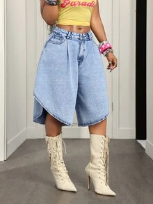 Slaydiva Asymmetrical Loose Fit Plus Size Women's 6-Point Denim Jeans,Fall/Winter,Christmas Outfit For Women - Blue - View 3