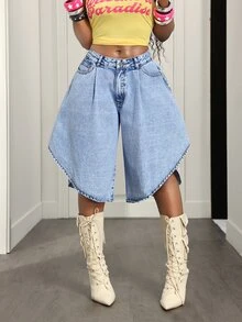Slaydiva Asymmetrical Loose Fit Plus Size Women's 6-Point Denim Jeans,Fall/Winter,Christmas Outfit For Women - Blue - View 7