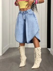 Slaydiva Asymmetrical Loose Fit Plus Size Women's 6-Point Denim Jeans,Fall/Winter,Christmas Outfit For Women - Blue - View 1