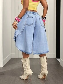 Slaydiva Asymmetrical Loose Fit Plus Size Women's 6-Point Denim Jeans,Fall/Winter,Christmas Outfit For Women - Blue - View 2