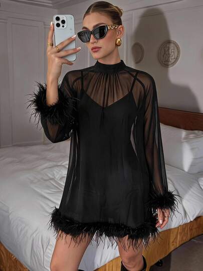 Lavishia Blusa elegante de malla de manga larga para mujer, vestido de tul bordado con encaje para mujer, adecuado para fotografía, ocasiones de fiesta nocturna en club, encaje