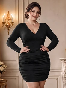 Rometta 大码黑色纯色针织紧身长袖柔软舒适性感优雅女装 - 黑色 - 查看 1