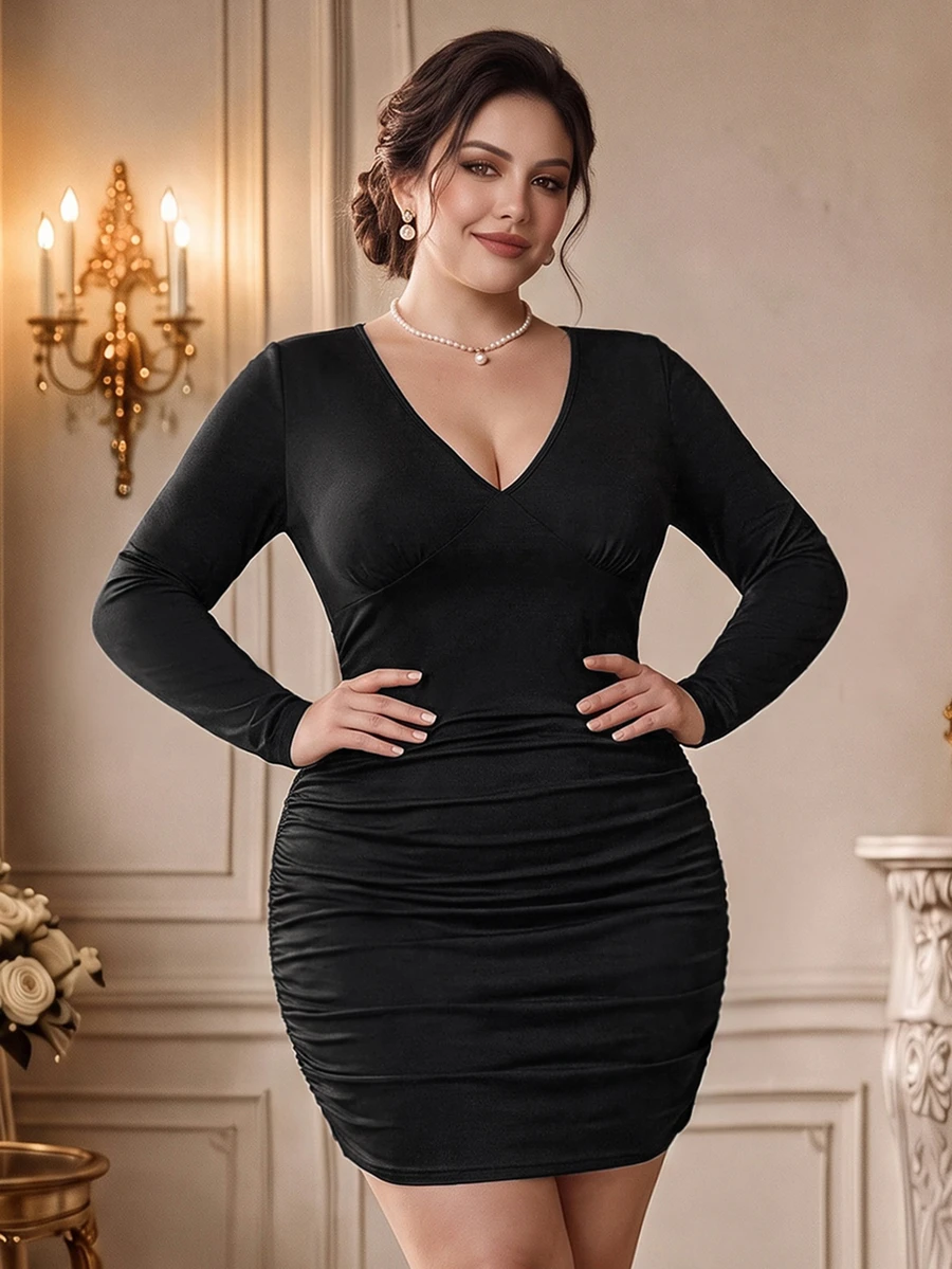 Rometta 大码黑色纯色针织紧身长袖柔软舒适性感优雅女装 - 黑色 - 查看 1