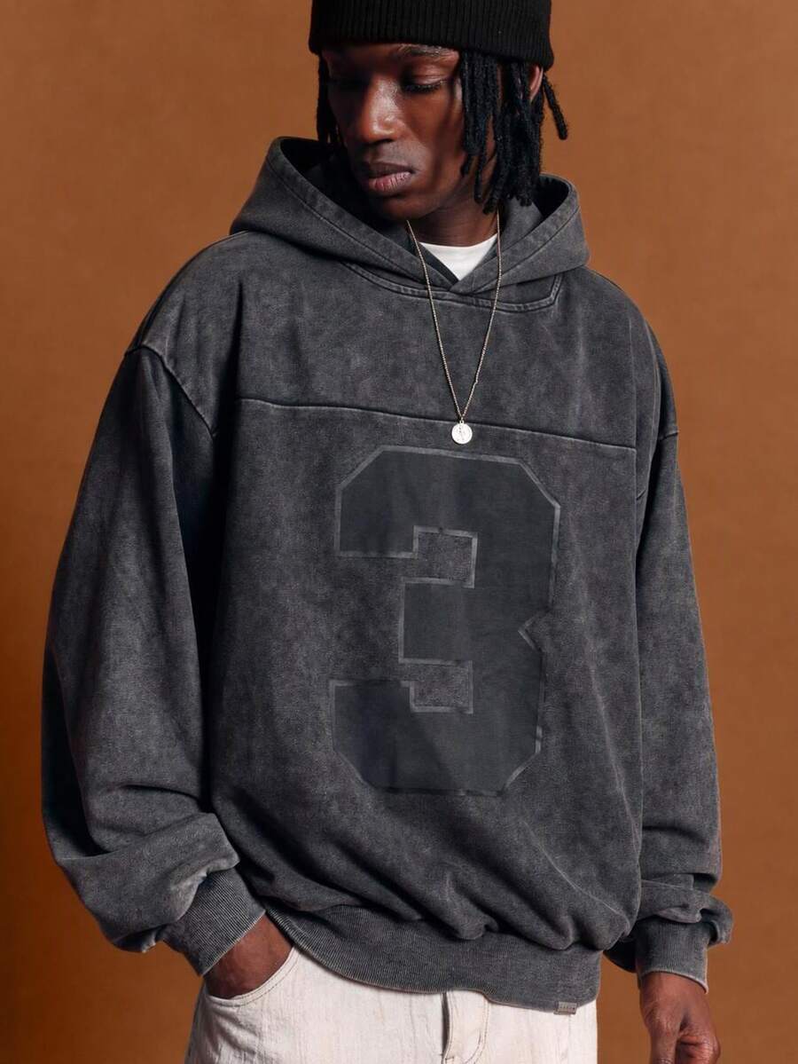 SUMWON Oversized Acid Washed Hoodie With Large Number 3 Applique Front Print And Drop Shoulder Long Sleeve Pullover Sweatshirt - Black - View 1