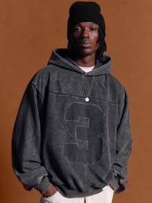 SUMWON Oversized Acid Washed Hoodie With Large Number 3 Applique Front Print And Drop Shoulder Long Sleeve Pullover Sweatshirt - Black - View 1