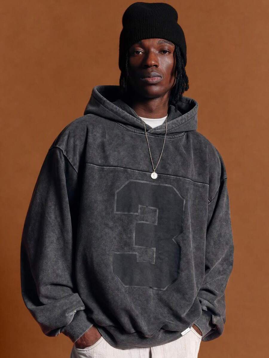 SUMWON Oversized Acid Washed Hoodie With Large Number 3 Applique Front Print And Drop Shoulder Long Sleeve Pullover Sweatshirt - Black - View 1