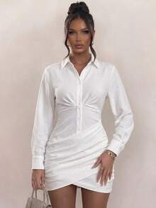 Olia Maree Women's Solid Color Long Sleeve Single-Breasted Pleated Shirt Dress - White - View 1