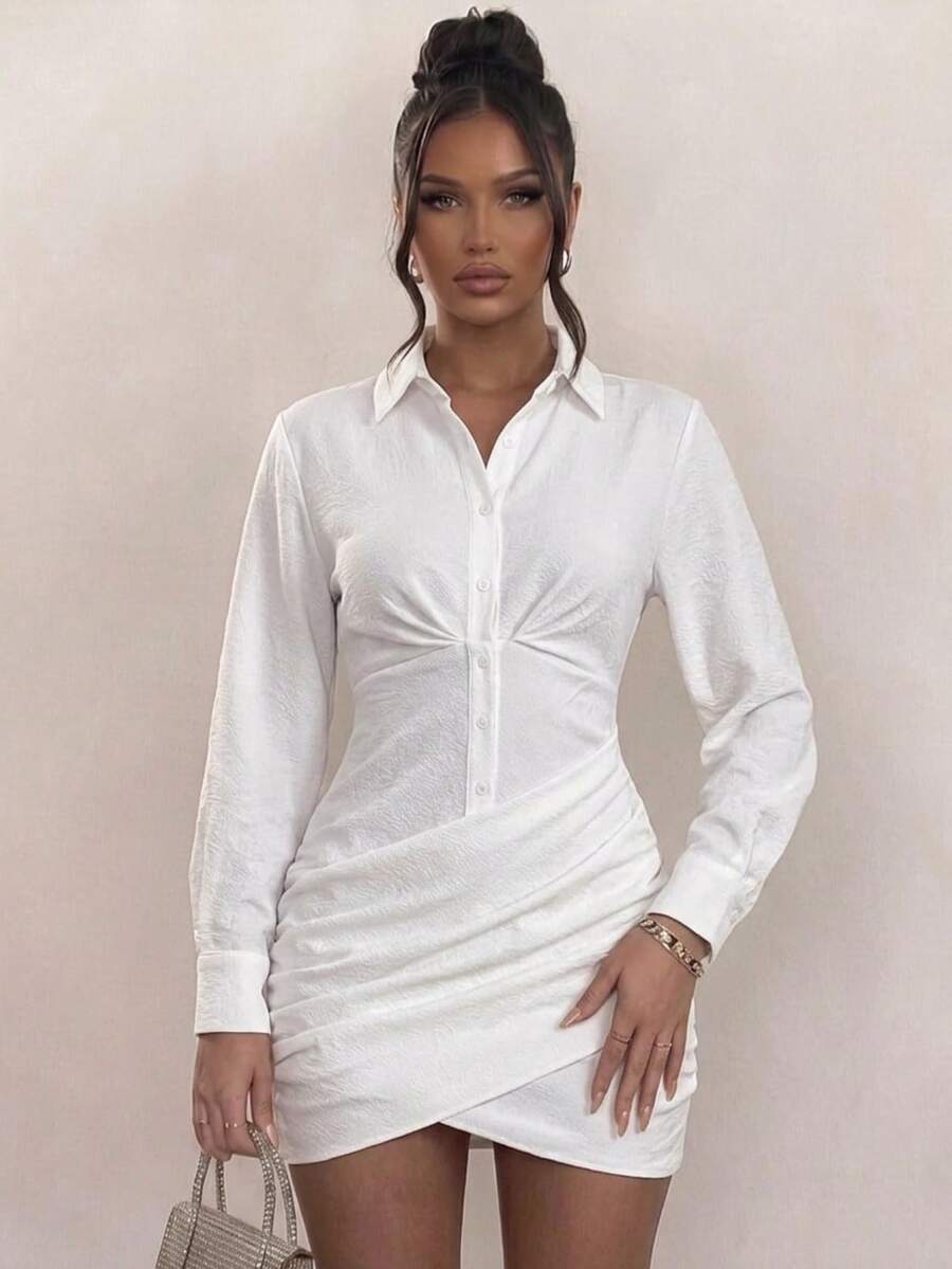 Olia Maree Women's Solid Color Long Sleeve Single-Breasted Pleated Shirt Dress - White - View 1