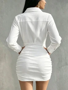 Olia Maree Women's Solid Color Long Sleeve Single-Breasted Pleated Shirt Dress - White - View 2