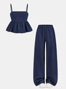 SHEIN 少女纯色荷叶边吊带背心和阔腿裤休闲套装 - 彩色 - 查看 5