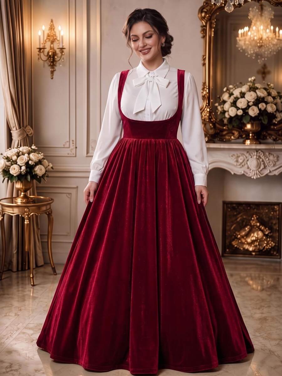 Rometta Plus Size Women's 2 Pieces Set: Lapel Lantern Long Sleeve Blouse With Bow Decor + Shoulder Strap Cinched Waist Flattering Umbrella Hem Dress Fall - Multicolor - View 1