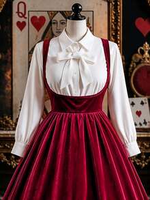 Rometta Plus Size Women's 2 Pieces Set: Lapel Lantern Long Sleeve Blouse With Bow Decor + Shoulder Strap Cinched Waist Flattering Umbrella Hem Dress Fall - Multicolor - View 9
