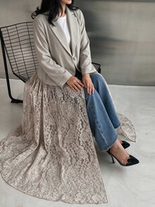 Yasmyna Women's Khaki Woven Notch Lapel Padded Shoulder Long Sleeve Contrast Lace Button Romantic Elegant Abaya - Khaki - View 3