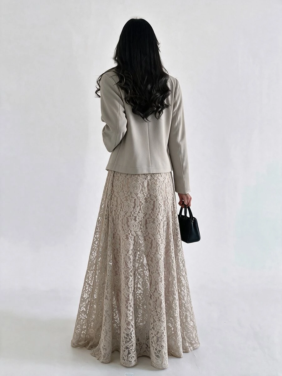 Yasmyna Women's Khaki Woven Notch Lapel Padded Shoulder Long Sleeve Contrast Lace Button Romantic Elegant Abaya - Khaki - View 1