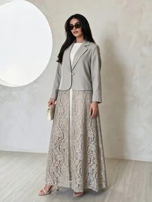 Yasmyna Women's Khaki Woven Notch Lapel Padded Shoulder Long Sleeve Contrast Lace Button Romantic Elegant Abaya - Khaki - View 6